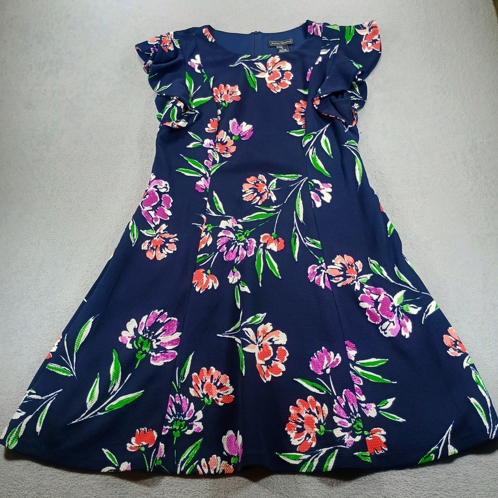 Jessica Howard Womens Floral Fit and Flare Navy Blue Size 12 Ruffle Sleeve
